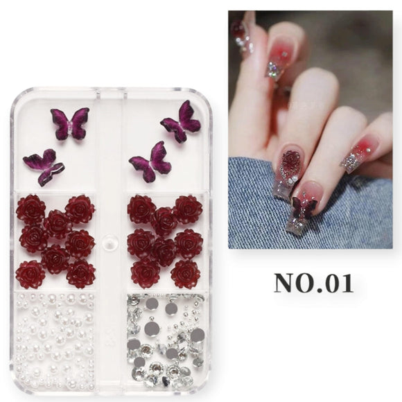 Nail Decoration - Butterfly, Roses, Pearls & Rhinestones - #01