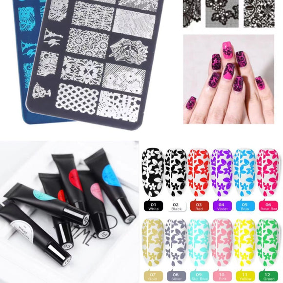 Stamping Plate Combo - 10 Plates + 1 Stamper + 12 Stamping Colour Gel + Stamping Plate Book