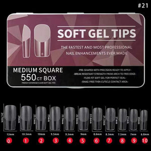 Square - Medium - Full Cover - Soft Gel Nail Tips - 550pcs - Clear - Box