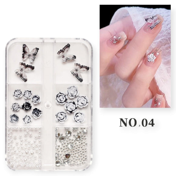 Nail Decoration - Butterfly, Roses, Pearls & Rhinestones - #04