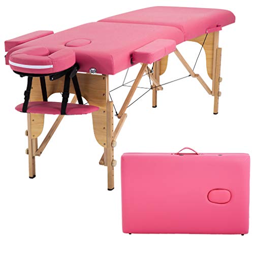 Portable Massage Bed with Wooden Legs - Pink