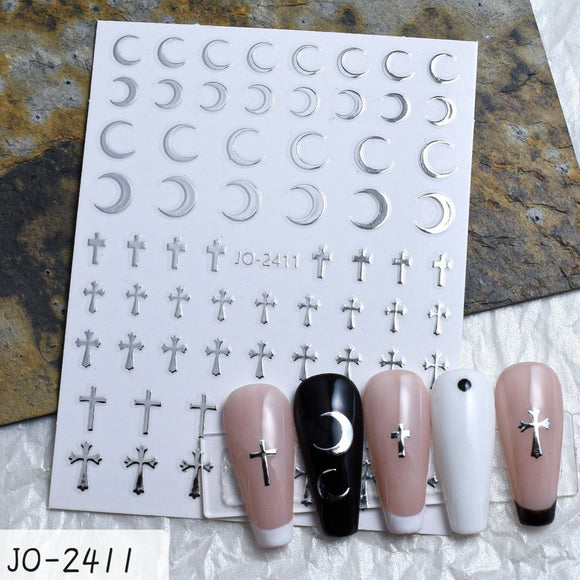 Nail Sticker - 2411 - Moon & Cross Silver