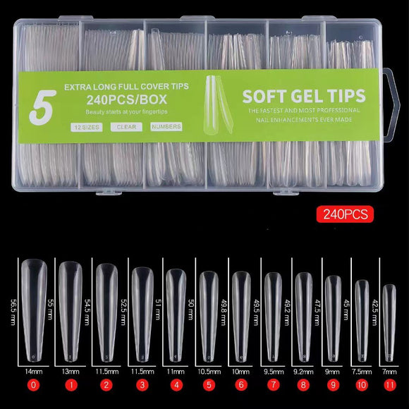 Coffin - 3XL - Full Cover - Soft Gel Nail Tips - 240pcs - Clear