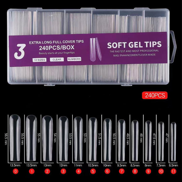 Square - 3XL - Full Cover - Soft Gel Nail Tips - 240pcs - Clear