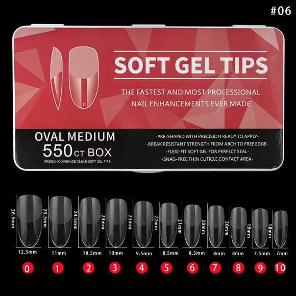 Oval - Medium - Full Cover - Soft Gel Nail Tips - 550pcs - Clear - Box