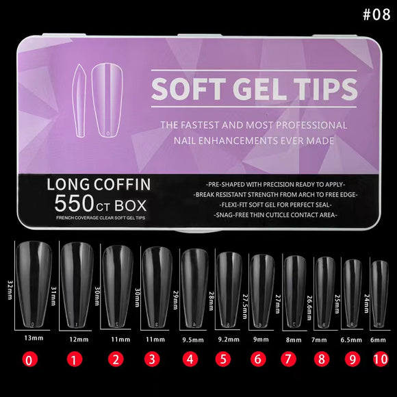 Coffin - Long - Full Cover - Soft Gel Nail Tips - 550pcs - Clear - Box