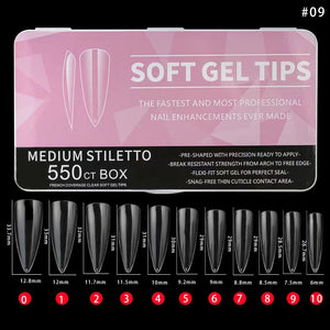 Stiletto - Medium - Full Cover - Soft Gel Nail Tips - 550pcs - Clear - Box