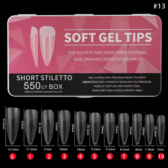 Stiletto - Short - Full Cover - Soft Gel Nail Tips - 550pcs - Clear - Box