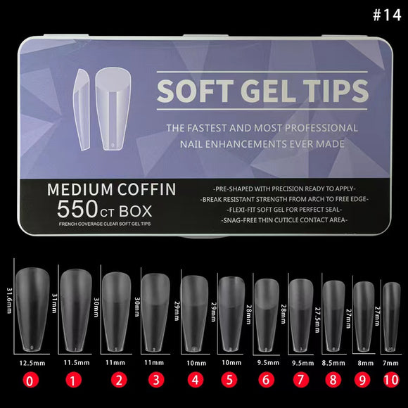 Coffin - Medium - Full Cover - Soft Gel Nail Tips - 550pcs - Clear - Box