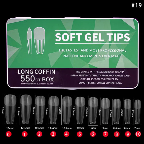 Coffin - Long - Full Cover - Soft Gel Nail Tips - 550pcs - Clear - Box