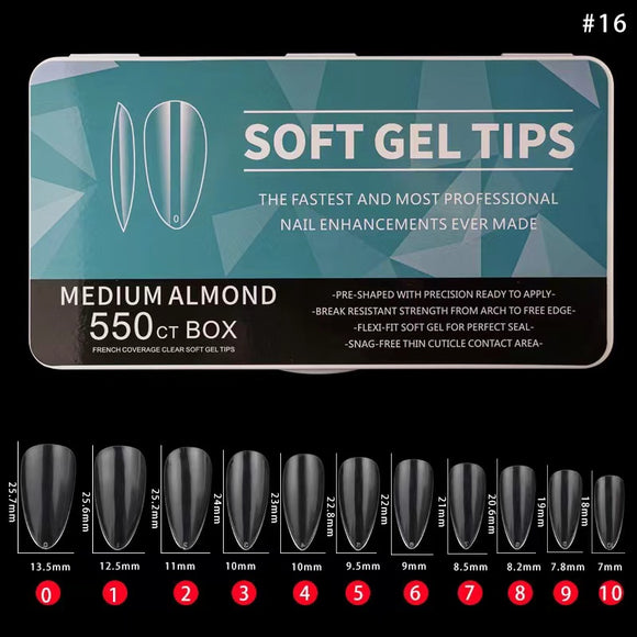 Almond - Medium - Full Cover - Soft Gel Nail Tips - 550pcs - Clear - Box