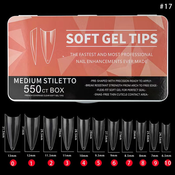 Stiletto - Medium - Half Cover - Soft Gel Nail Tips - 550pcs - Clear - Box