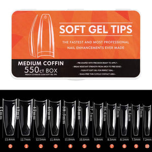 Coffin - Medium Half Cover Soft Gel Nail Tips - 550pcs - Clear - Box