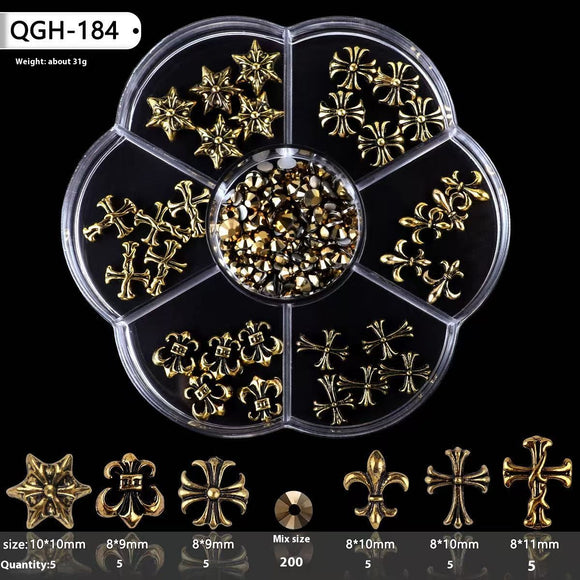 Nail Decoration - Metal - Cross & Stars - (QGH-184) - Antique Gold