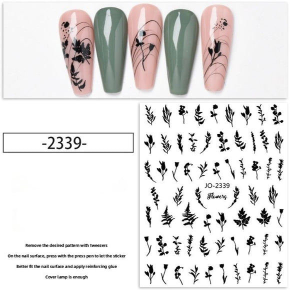 Nail Sticker - 2339 - Black Flower Leaf