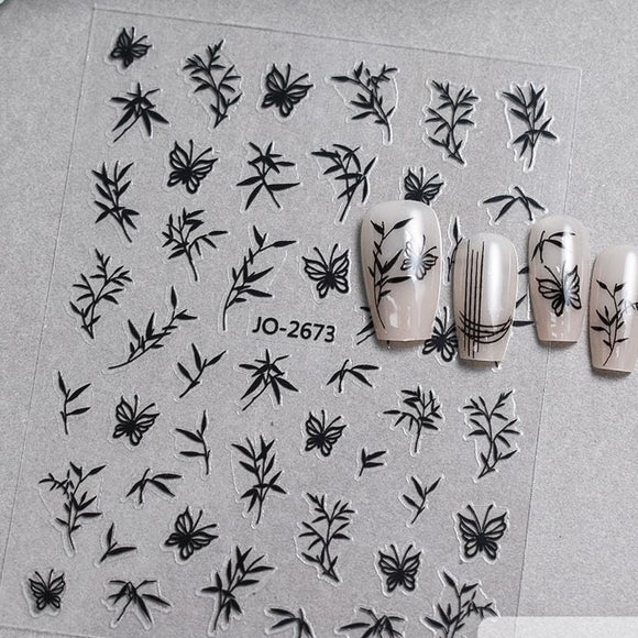 Nail Sticker - 2673 - Flowers - Black
