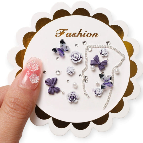 Nail Decoration - Mix Bows, Roses & Pearls -  Purple