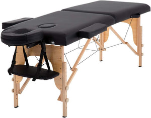 Portable Massage Bed with Wooden Legs - Black