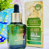 Ushas Collagen Serum bottle and packaging on a colorful background