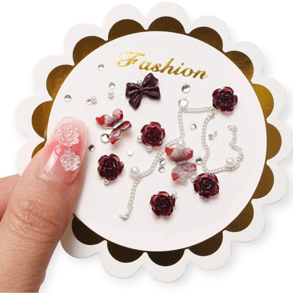 Nail Decoration - Mix Bows, Roses & Pearls -  Wine Red