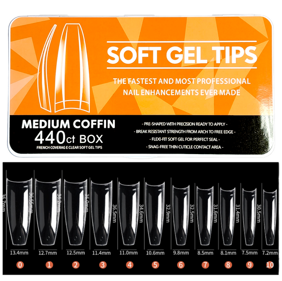 Coffin - Medium Half Cover Soft Gel Nail Tips - 440pcs - Clear - Box