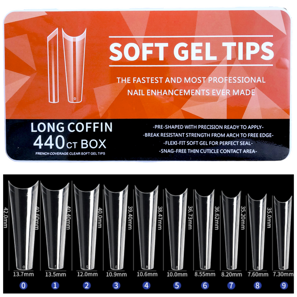 Coffin - Long Half Cover Soft Gel Nail Tips - 440pcs - Clear - Box