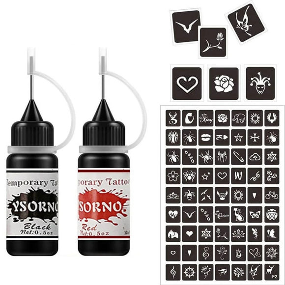 6 Temporary Tattoo Pigment Liquid & 12 Tattoo Stencils Sheets