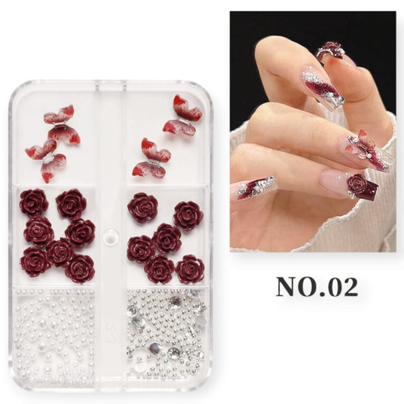 Nail Decoration - Butterfly, Roses, Pearls & Rhinestones - #02