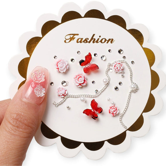 Nail Decoration - Mix Roses & Pearls -  Pink Red