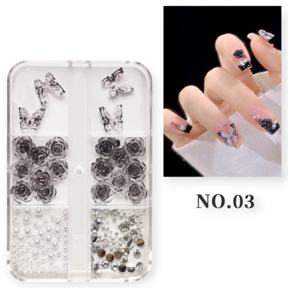 Nail Decoration - Butterfly, Roses, Pearls & Rhinestones - #03