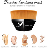 Foundation brush with Daruge logo and cosmetic swatches on a white background