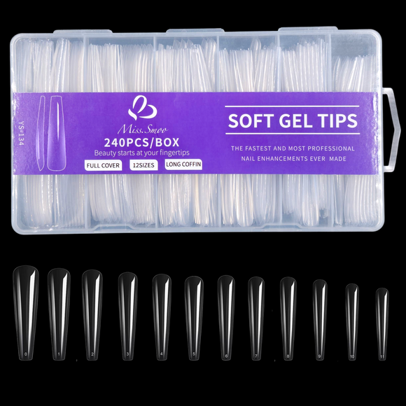 Coffin - 3XL - Half Cover - Soft Gel Nail Tips - 240pcs - Clear