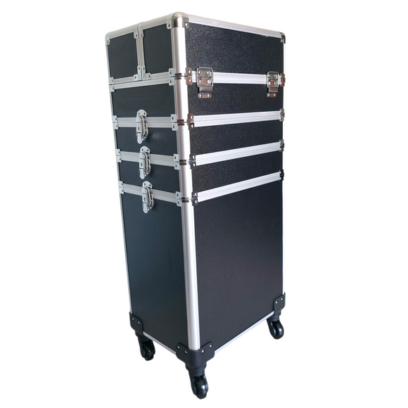 Storage Case - Professional Beauty Case / Make-up Case Trolly - 4 Layers - Black with Silver Trimming
