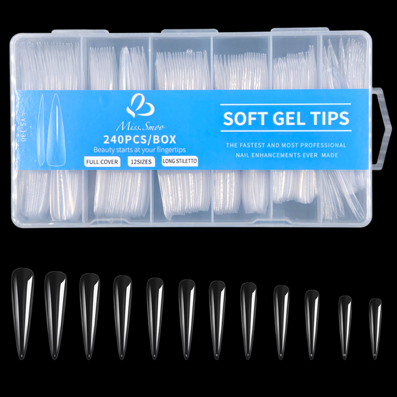 Stiletto - 3XL - Full Cover - Soft Gel Nail Tips - 240pcs - Clear
