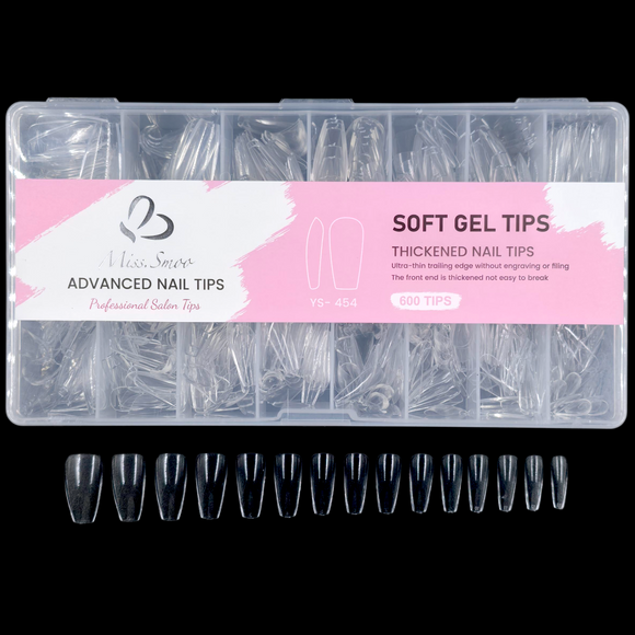 Coffin - Medium - Full Cover - Soft Gel Nail Tips - 600pcs - Clear - Box