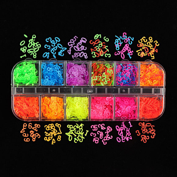 Fluorescent Number Nail Decorations - 12 Grit Box