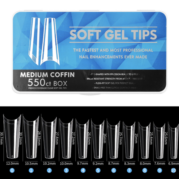 Coffin - Medium Half Cover Soft Gel Nail Tips - 550pcs - Clear - Box