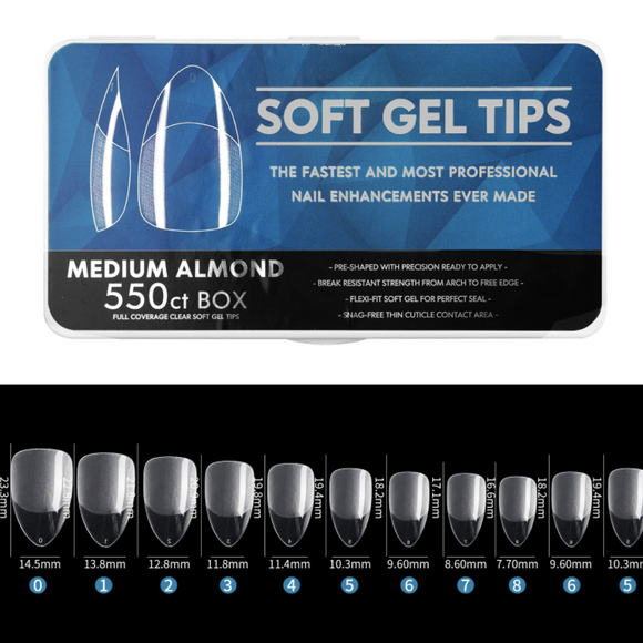 Almond - Medium Full Cover Soft Gel Nail Tips - 550pcs - Clear - Box