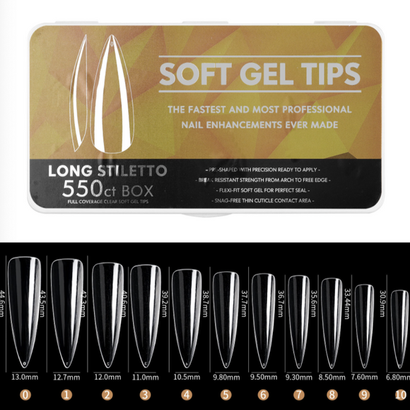 Stiletto - Long Full Cover Soft Gel Nail Tips - 550pcs - Clear - Box