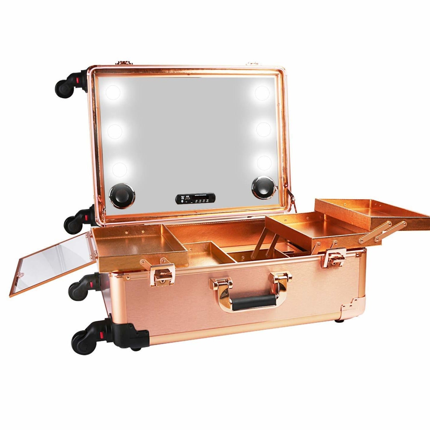 Make up Trolley Bag Case With Lights and Blue Tooth Speaker Rose Gol Madz Nail Beauty