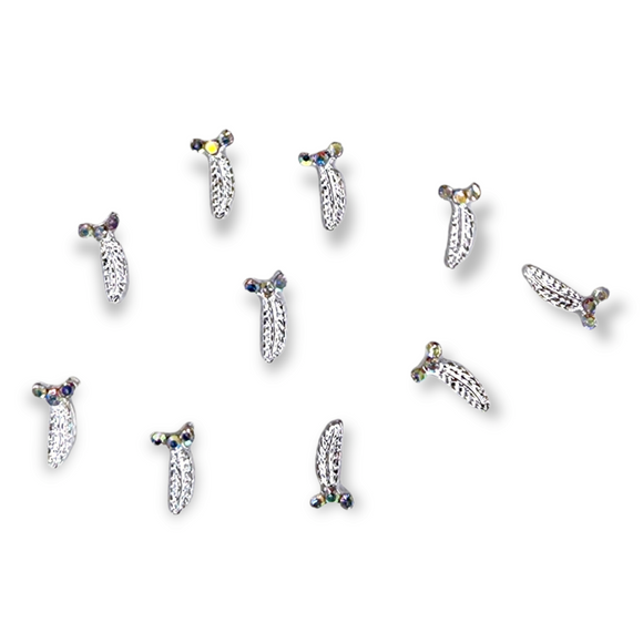 Metal Nail Jewelry - Silver Feathers with Rhinestone - 10pcs
