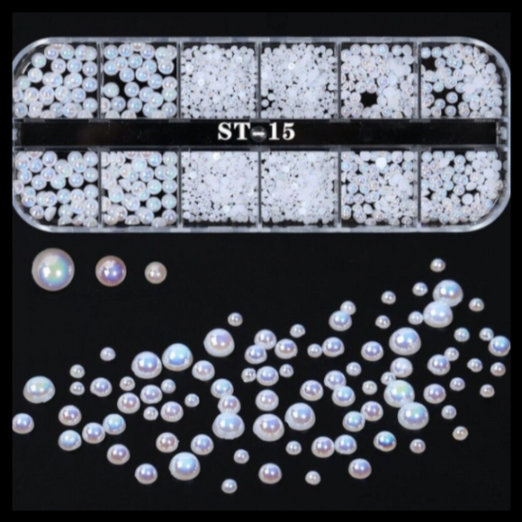 White Pearl Nail Decoration - Flat Bottom - 12 Grid Box